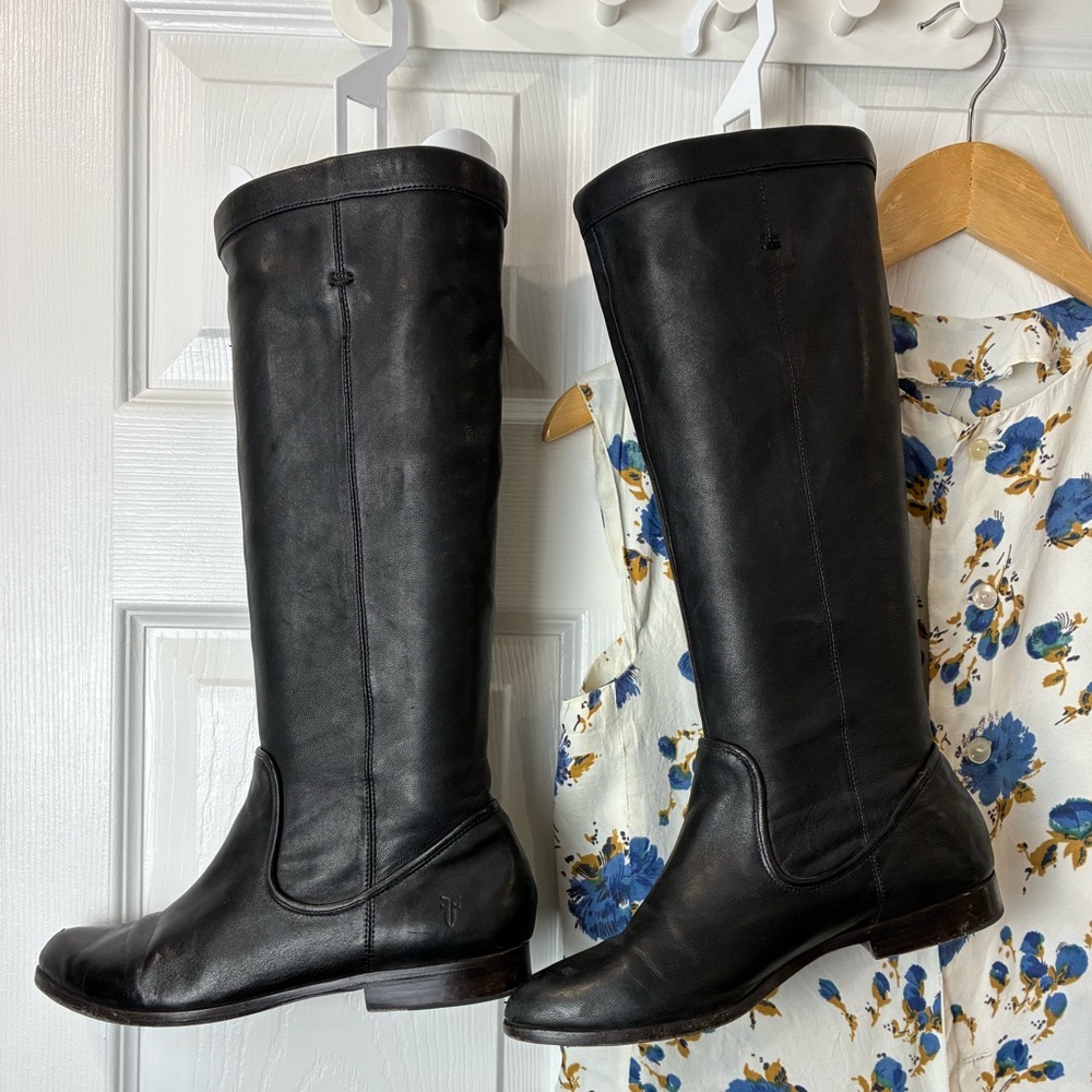 [6.5] Frye Cindy Slouch Black Leather Tall Boots 6.5 Slouch Riding
